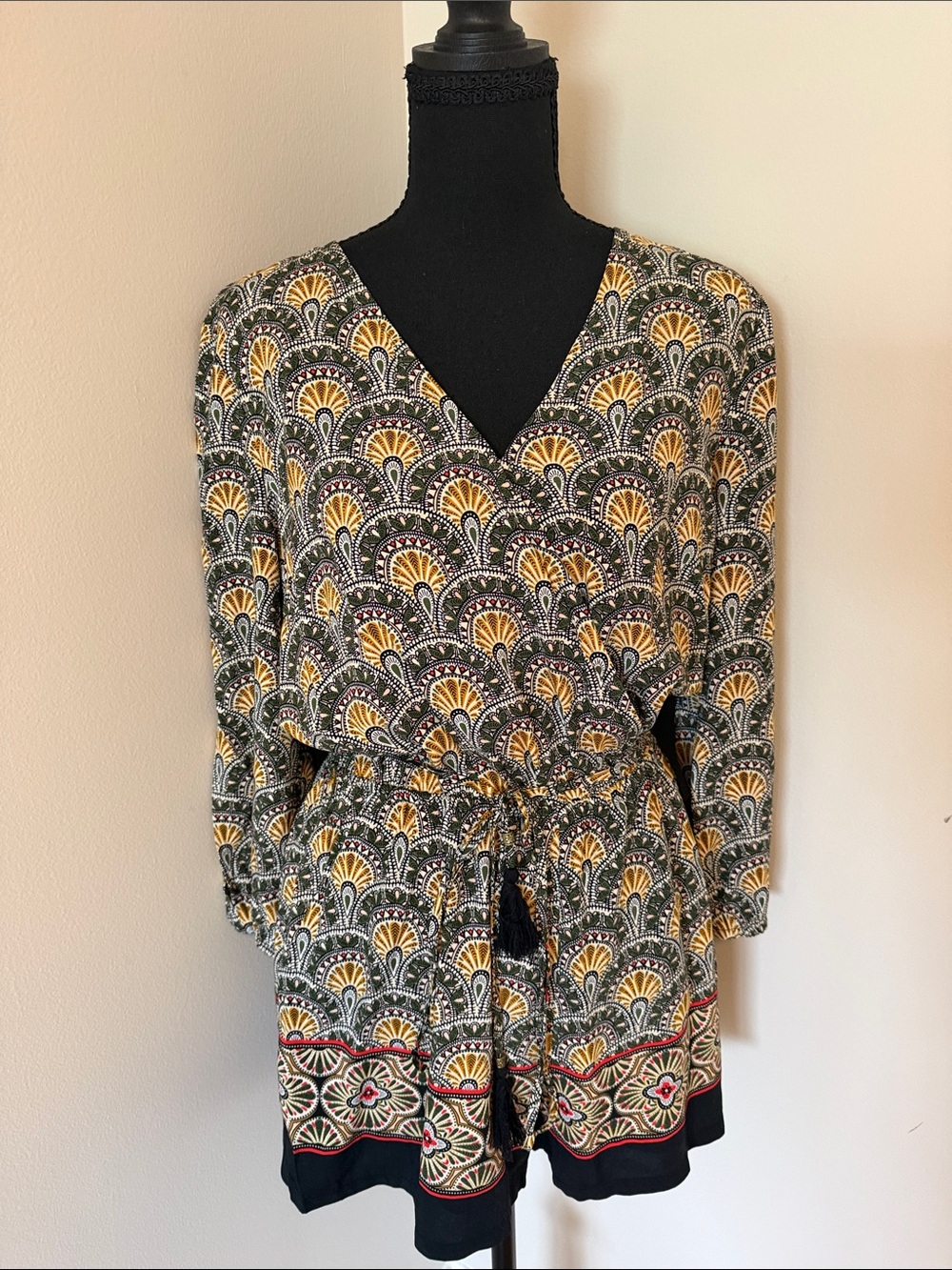 DR2 Olive and Mustard V-Neck Romper with Drawstring